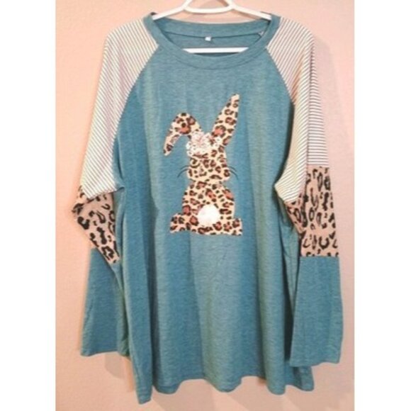 Women's Coquette Teal Bunny Top 3XL Shirt Leopard Flower Stripe Long Sleeve - Picture 1 of 10